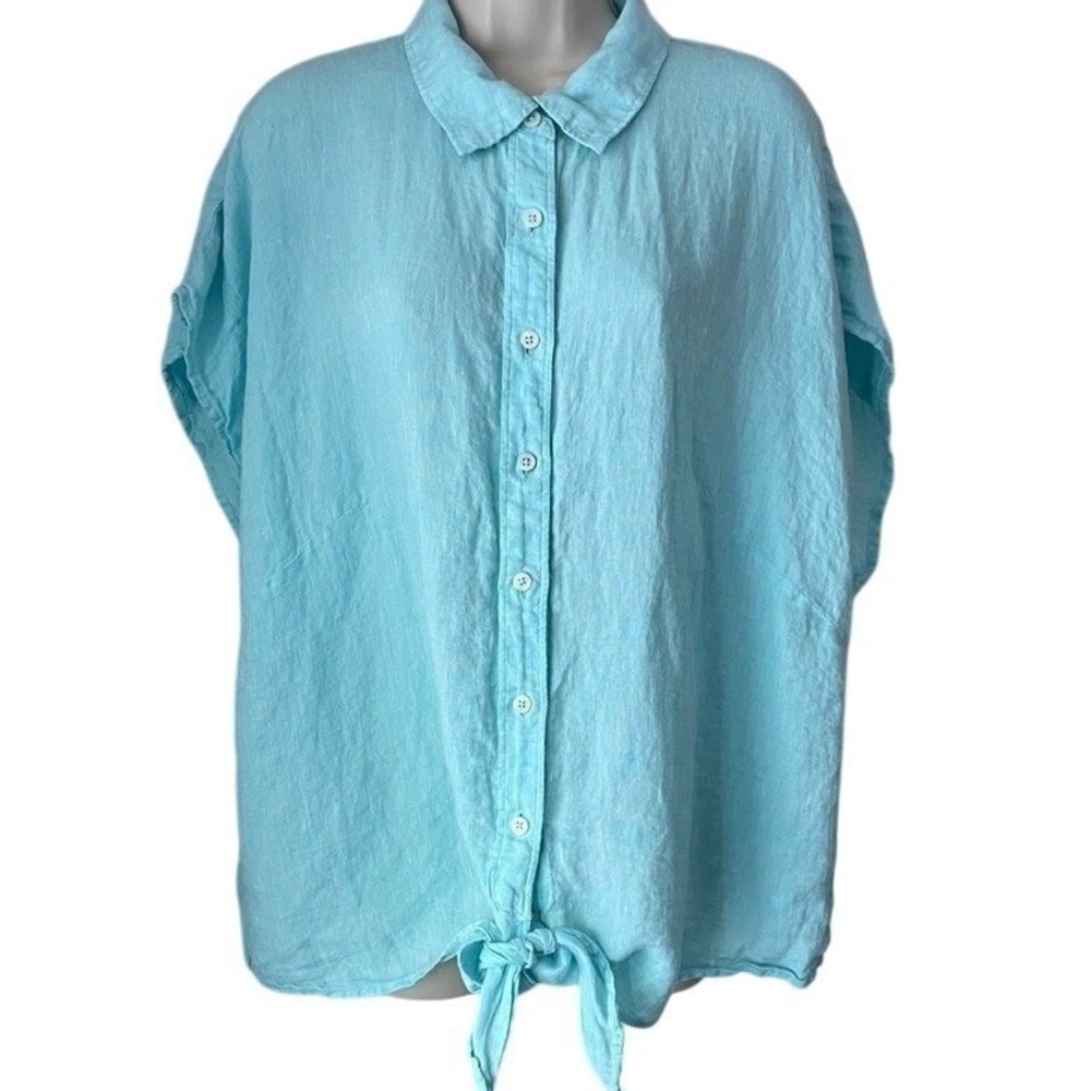 Talbots Plus‎ 2X 100% Linen Aqua Tie Front Button Blouse Cap Sleeve Summer Top